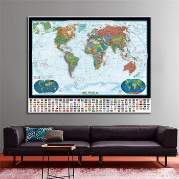 

150x100cm The World Physical Map With World Land Cover And Landforms Non-woven Map With National Flag For Education