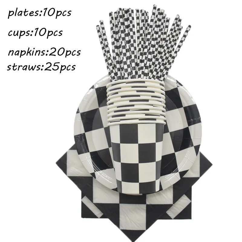 65pcs set Вечерние принадлежности для гоночной машины на день рождения для детей, бумажные тарелки и стаканы, черно-белая клетчатая одноразовая посуда, шахматные подарки для тематической вечеринки - Цвет: 65pcs set