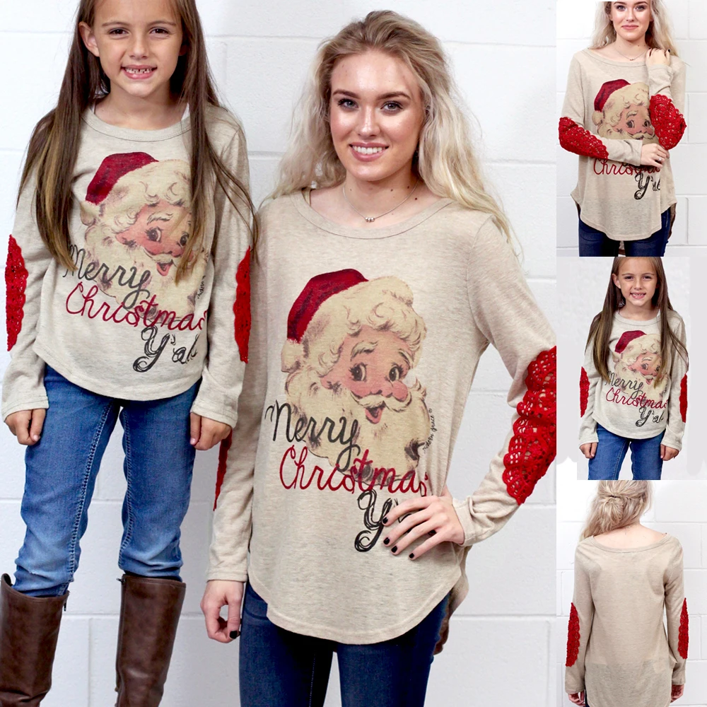 Hot Style Christmas Mother and Daughter Family Matching Cloth Pullover Tops Santa Long Sleeve Xmas T-Shirt Tops