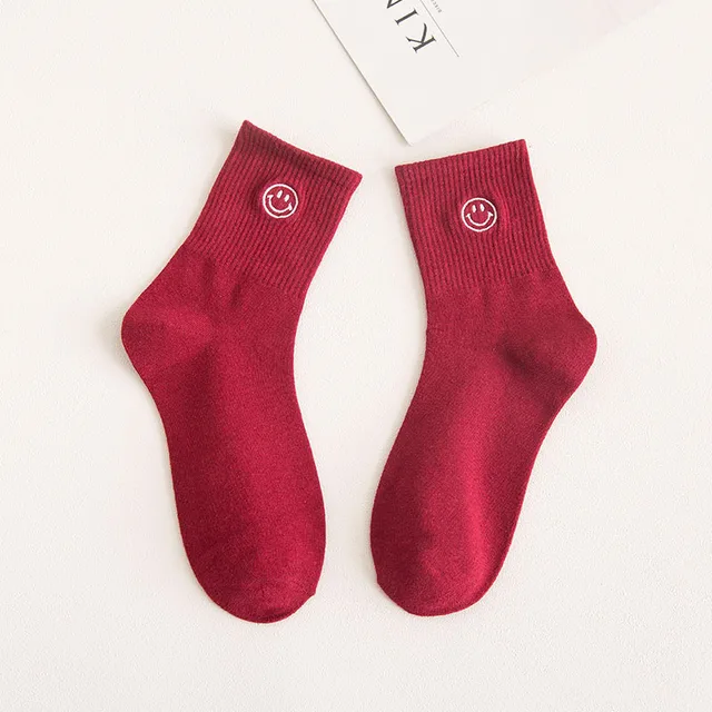 Smile Embroidery Woman Cotton Crew Socks Autumn Winter Cute Casual Elastic Ribbon Solid Color White Black Girl Tube Socks Chic Red