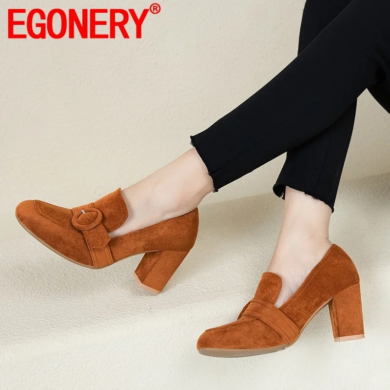 EGONERY/Новые модные пикантные женские туфли-лодочки; сезон осень женские офисные туфли из флока с квадратным носком на высоком каблуке Прямая поставка; размеры 34-43