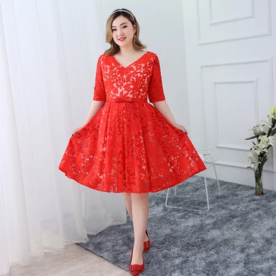 Платья для выпускного вечера длиной до колена, черные короткие платья Vestidos De Gala T292, размера плюс, платья с круглым вырезом, женские вечерние платья с рукавом до локтя для выпускного вечера - Цвет: Красный