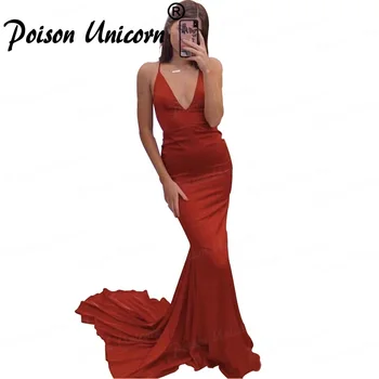

Red Prom Dresses 2020 Sexy Deep V Neck Long Satin Prom Gown vestidos de fiesta largos elegantes de gala
