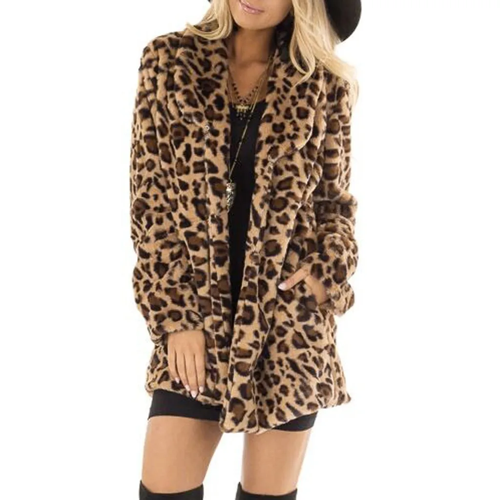 Abrigo de piel sintética de leopardo para mujer, abrigo cálido y peludo con bolsillos, Vestimenta de gran tamaño, abrigo largo de tapeta holgada, abrigos gruesos y cálidos de talla grande, n. ° 40