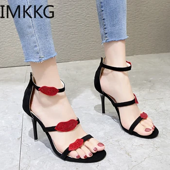 

Sexy black sandals ladies sandals summer open toe stiletto heels ankle strap pump women's shoes red lips party shoes 2020 hot