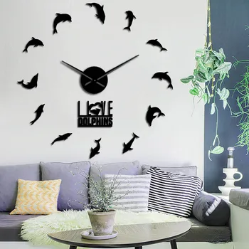 

GZ346 Hot Selling DIY Dolphin Acrylic Mirror Wall Clock European Style Living Room Oversized Decorative Wall Clock Gift