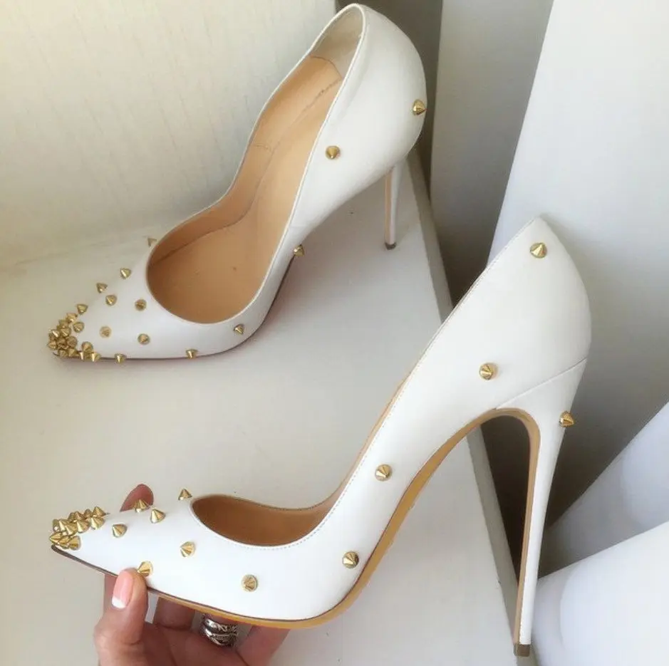 

2020 summer New style white matt leather spikes point toe high heels stiletto heel Designer pumps stripper heels 12cm 10cm