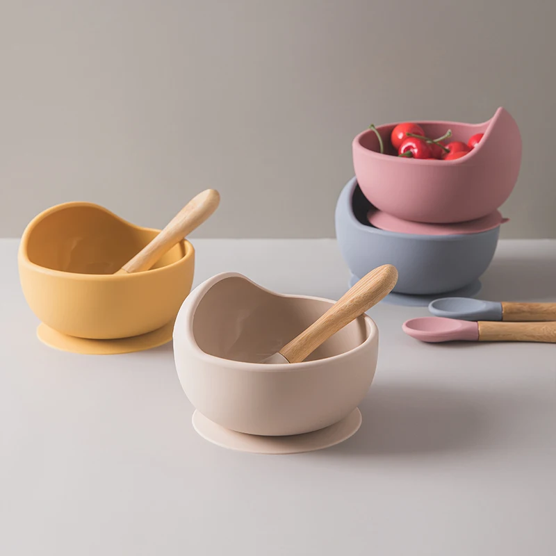 1set Baby Silicone Bowl Feeding Set Kids Dishes Spoon Waterproof Spill-Proof Suction Rotating Bowl Tableware Silicone Plate Dish