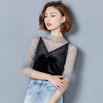 

Spring and autumn new fake two pieces of slim lace stitching long-sleeved T-shirt women