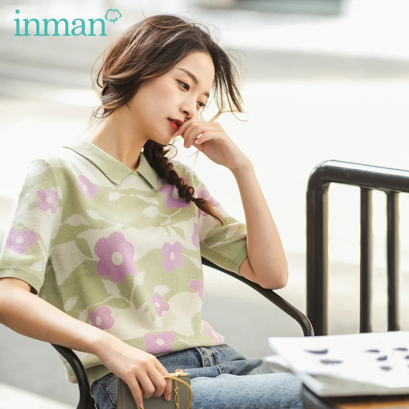 

INMAN 2020 Spring New Arrival Literary Lapel Flower Jacquard Weave Base Short Sleeve Knit Sweater