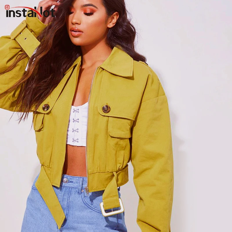 

InstaHot Khaki Zipper Basic Jacket Coat 2019 Motorcycle Jacket Women Outwear Belted Short Winter Jackets Autumn Winter 2019 New