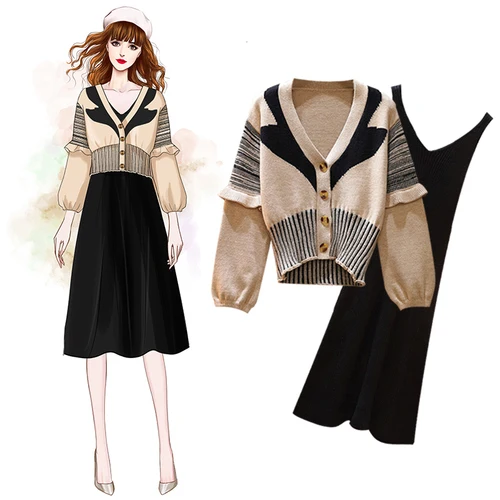 

Plus Size 5XL Knit Striped Ruffles Long Sleeve Single Breasted Cardigan Sweaters Tops+Slim Knit Spaghetti Strap Dress Women Sets