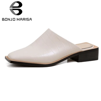 

BONJOMARISA Retro Ladies Summer Pumps Square Toe Sewing Slip On Square Heel Fashion Pumps Women Consise Classic Shoes Woman