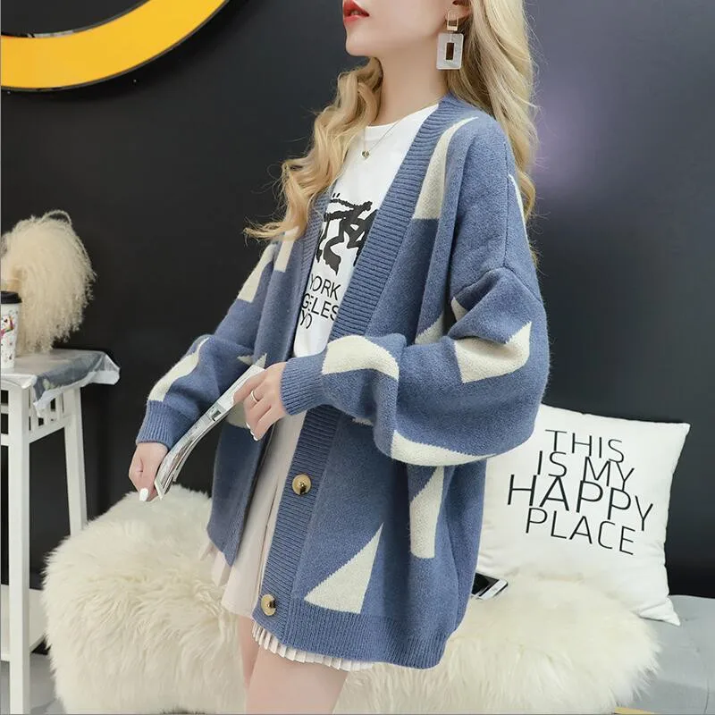 

Women Sweater Cardigan solid full sleeve geometric Loose Joker Early Autumn 2019 New Knit Jacket