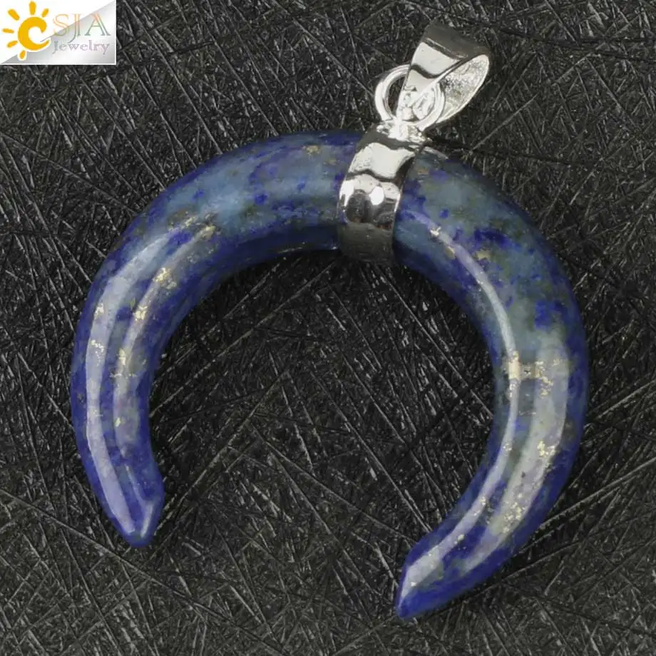Csja натуральный хрустальный каменный кулон серебряного цвета ожерелья полумесяц двойная Подвески в виде рога для женщин и мужчин целебные ювелирные изделия G159 - Окраска металла: Lapis Lazuli