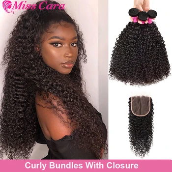 

Brazilian Curly Bundles With 4*4 Lace Closure 100% Remy Human Hair Bundles With Closure Miss Cara Curly Extensions With Closure