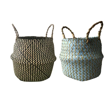 

2 PCS Portable Foldable Natural Seagrass Woven Storage Basket with Handle for Home Decorations Plant Pot Clothes Toys Picnics,Bl