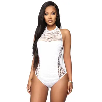 

Swimsuit Female Spandex Polyester Sleeveless Round Neck Summer Large Size Hollow Mesh Solid Color Swimsuit0.