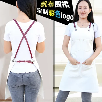 

Korean fashion kitchen denim white apron restaurant creative nail painting men and women overalls custom logo