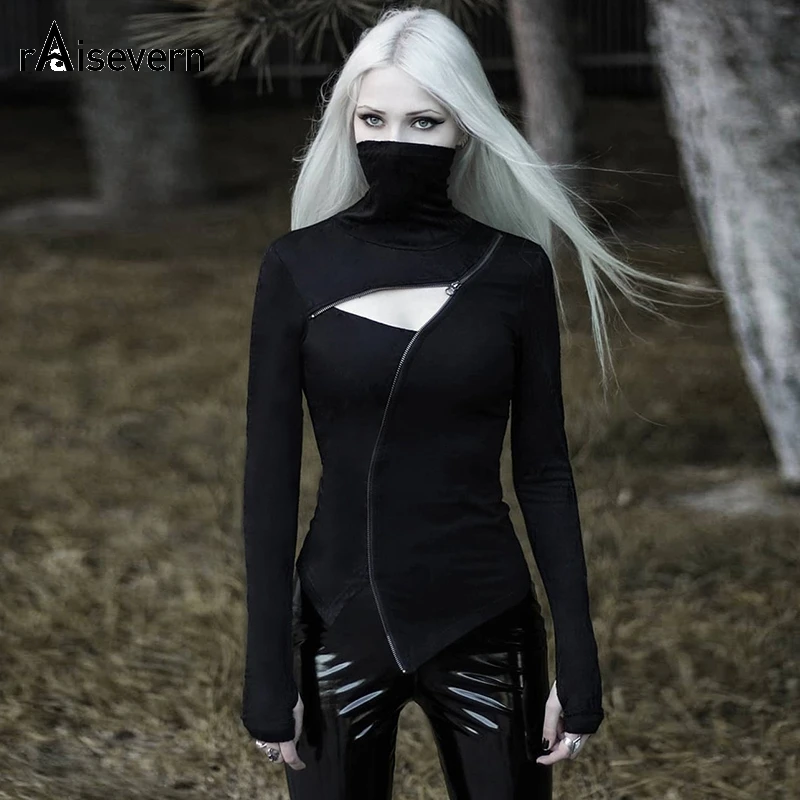 Gothic Long-sleeved Stand Collar Bottoming Dark Shirt Female Ins Fashion Stitching Bf Diagonal Zipper Hole Women | Женская одежда
