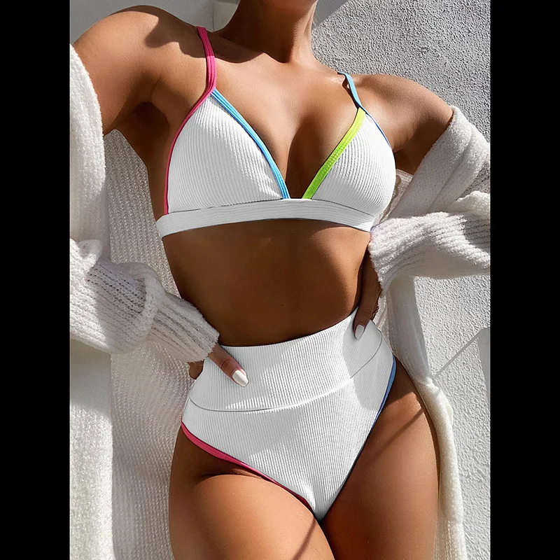 INGAGA High Waist Bikinis Swimsuits Push Up Swimwear Women Strap Bathing Suit Women Solid Biquini Beachwear V-neck Bikini Set