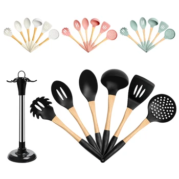 

7PCS Cooking Tools Set Wooden Handle Kitchen Utensil Heat Resistant Spoon Spatula Kit Nonstick Cookware with Storage Frame