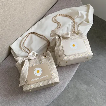 

Women Bag Jute Linen Shouder Bag Printed Cute Purses Woven Fasion Messenger Bag Causal Travel Chain Bowknot for Girl Handbag New