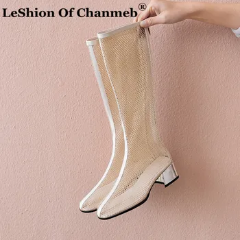 

Chic Women Net Boots Spring Summer Shoes Woman Knee High Boots Ladies Party Wedding Runway Mesh Shoes Small Size 33 Botas Mujer