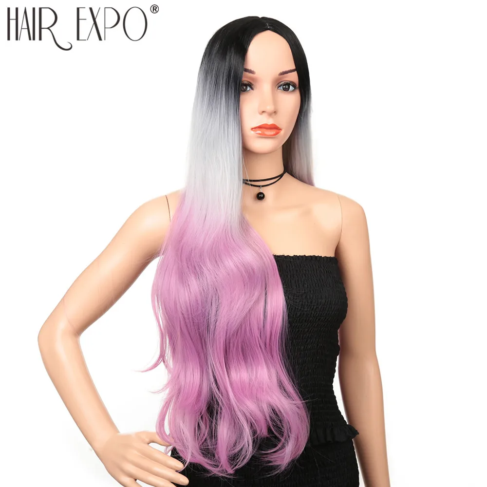 Волосы Экспо город Косплей Аниме парик синтетические волосы длинные волнистые имитация челок Омбре розовый белый цвет вечерние парики для афро женщин