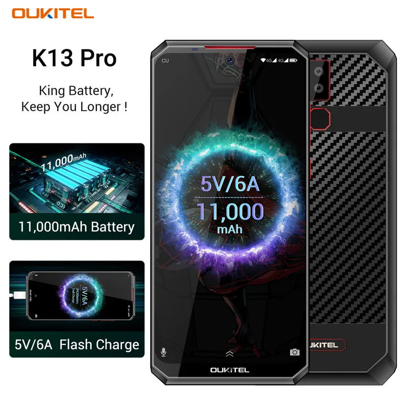 Oukitel K13 Pro 11000 мА/ч, 4 ГБ, 64 ГБ, мобильный телефон 5 V/6A мгновенная зарядка Android 9,0 6,4" MT6762 16MP Камера Face ID NFC Смартфон