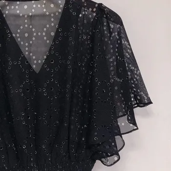 

Women Irregular Ruffle Mid-Calf Dress Hollow out Two-pieces Set V-neck Short Sleeve Elastic Waist Ladies Robes