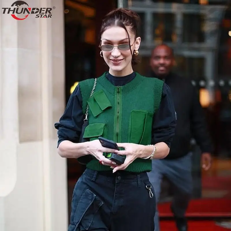 

Patchwork Knitting Crop Tops Women Pockets Sleeveless Tank Top 2020 Srping New Fashion Solid Streetwear Outfits