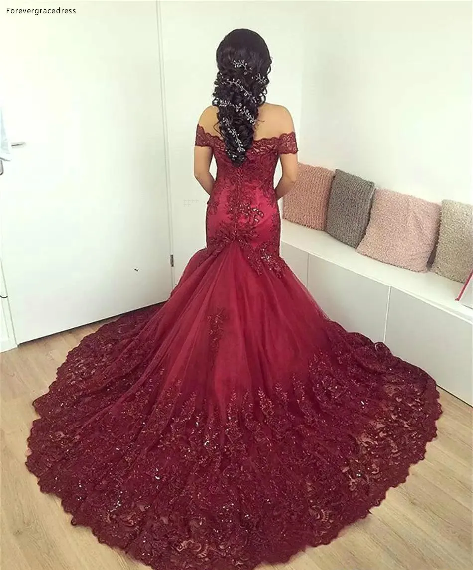 Gorgeous Burgundy Mermaid Evening Dresses 2017 Arabic African Lace Prom Dress Sequined Appliques Corset Back Court Train Evening Gowns  169 (4)