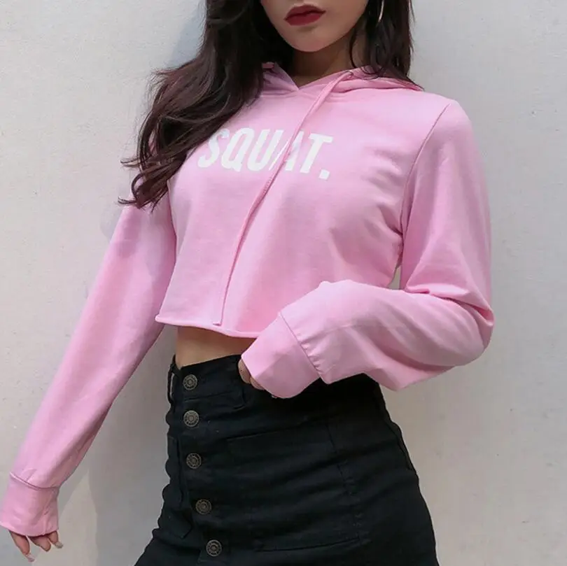 Pink Хлопковый укороченный топ с надписью, спортивные рубашки для йоги, женские весенне-осенние толстовки с капюшоном и длинными рукавами, спортивные футболки для фитнеса, тренажерного зала, тренировок - Цвет: Pink