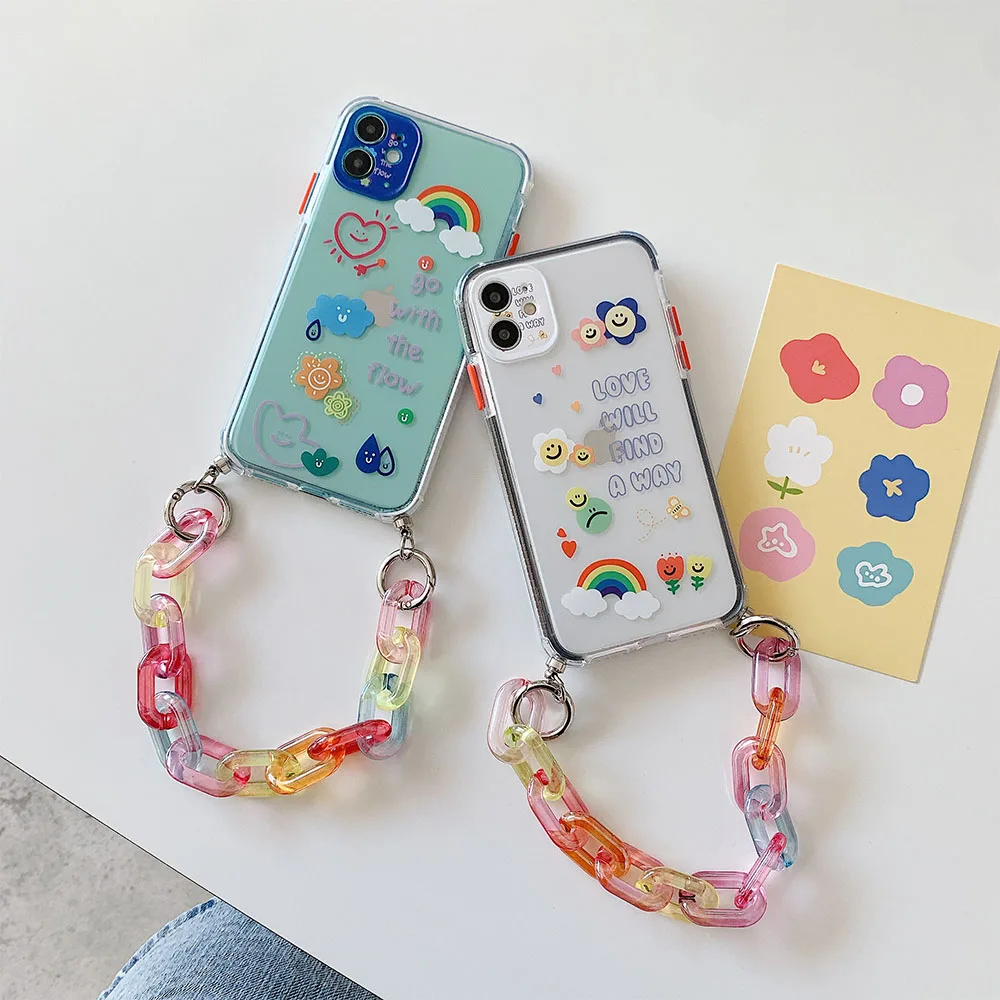 Wrist Chain Case For Iphone 12 Pro Max 7 8 Plus Xr Xs Max Transparent Cases Cute Rainbow Flower
