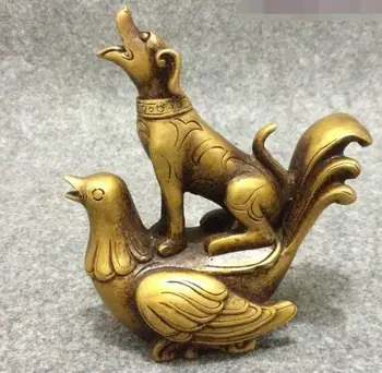 

S01662 Folk Chinese Bronze Year Zodiac Dog Ride Cock Auspicious Animal Statue Sculpture B0403