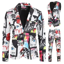 Mens Fashion Printed 3 Piece Set (Blazer+Vest+Pants) Casual Suits Plus Size Hip Hop Slim Fit Suit Set Men Singer Wedding Costume