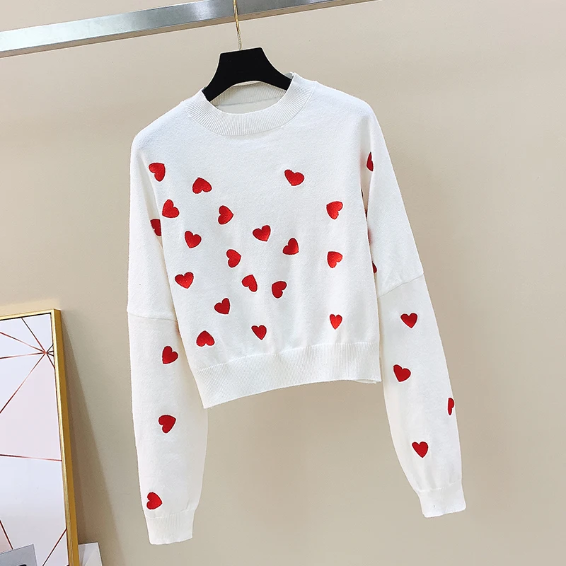 Aliexpress Love трикотажная корейская мода розовый Pull Femme принт сердце Осень Зима Одежда вышивка Короткие Sueter Mujer 12827