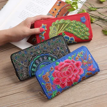 

Fashion Ethnic Style Embroidery Wallet Ladies Single Pull Handbag Embroidery Rose Card Holder Wallet