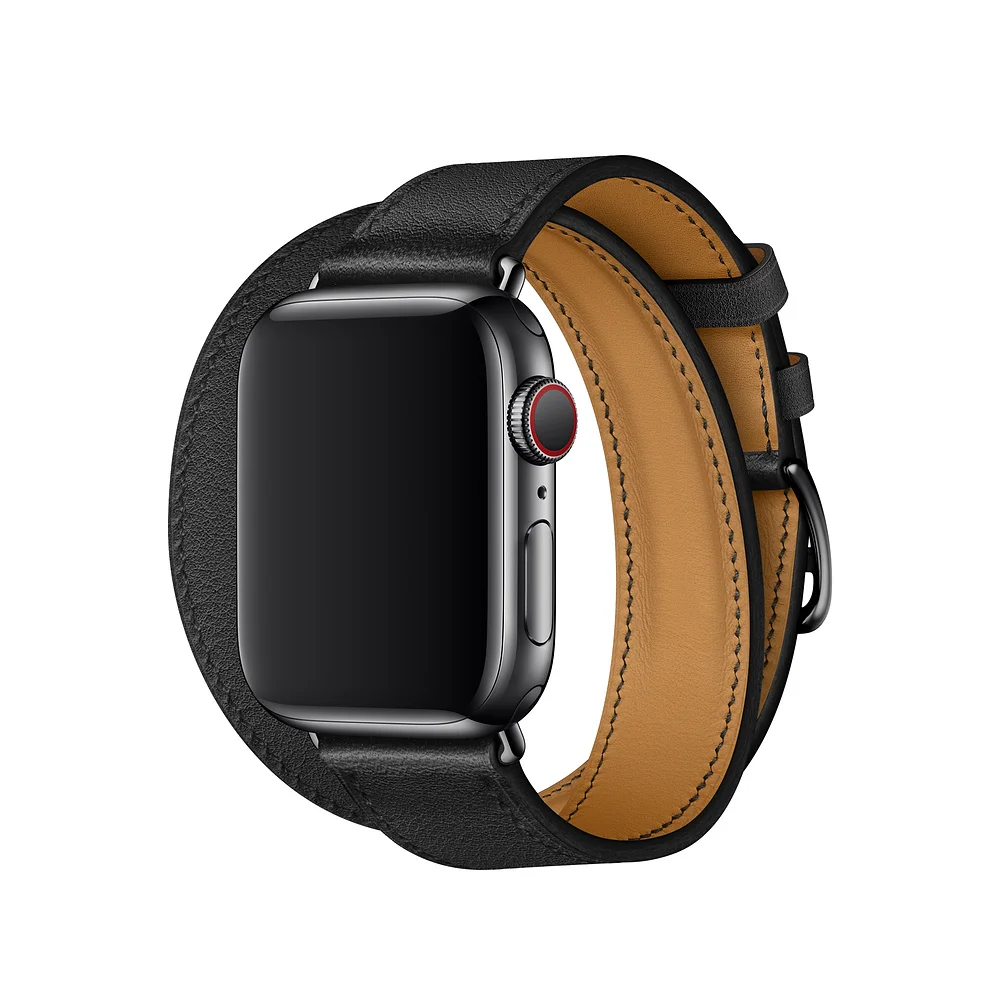 Подолом логотип Swift кожаный двойной один за туром ремешок для наручных часов Apple Watch Series 5 4 3 2 1 44/40 мм 42 38 мм и нержавеющая сталь металлический корпус для наручных часов iWatch, браслет - Цвет ремешка: Noir