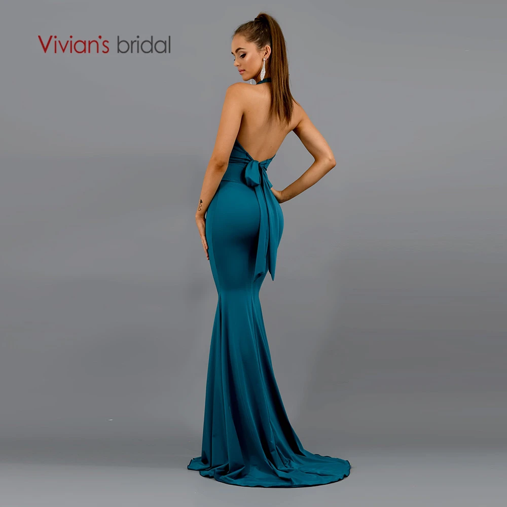 Vivian's Bridal Ins популярное атласное шифоновое вечернее платье Русалка сексуальное платье с открытой спиной и шлейфом вечерние платья с поясом и бантом