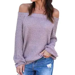Модные трикотажные свитера женские с открытыми плечами Топ свитер большой размер сплошной цвет длинный фонарь рукав пуловер для девочек