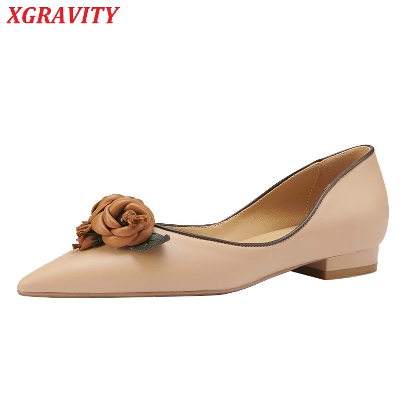 

C345 XGRAVITY New Spring Autumn Flat Shoes Genuine Leather Flats Ladies All Matched Princess Flower Shoes Summer Shoes Girl Shoe
