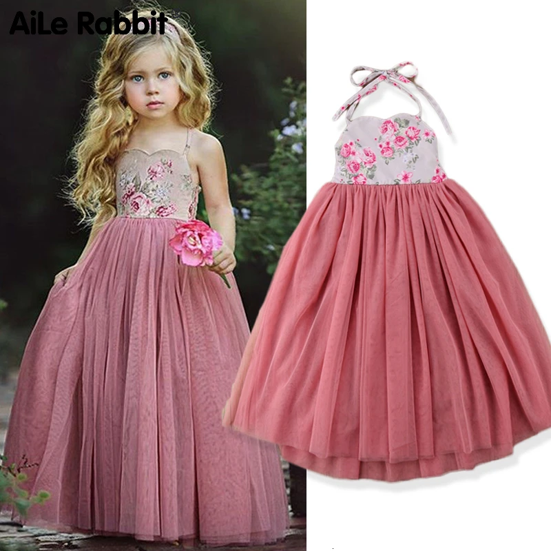 Ins New Children's European Dress Pink Bud Silk Yarn Long Skirt Flower Print Strap Princess Girl's Costume Wedding | Детская