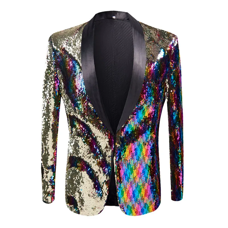 

Bar Nightclub Men Singer Multi-color Sequins Blazer Stage Costume Host Magician Evening Party Performance Suit Jacket Plus Size