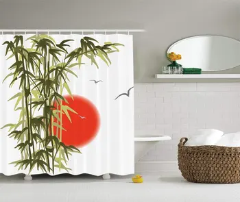 

Bamboo Decorations Collection, Abstract Bamboo on Sunset Background Design Bird and Sun Image Print, Polyester Fabric Bathroom