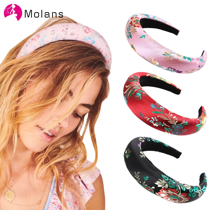 

MOLANS Retro Embroidery Floral Headbands Glitter Satin 2cm Thick Padded Sponge Headband for Women Wide Hair Hoops Headbands