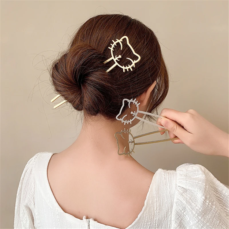 AOMU 2021 Cute Gold Silver Color Metal Smile Cat Hair Sticks Simple Retro Smooth Matte Hollow Hairpin for Women Fashion Jewelry | Украшения