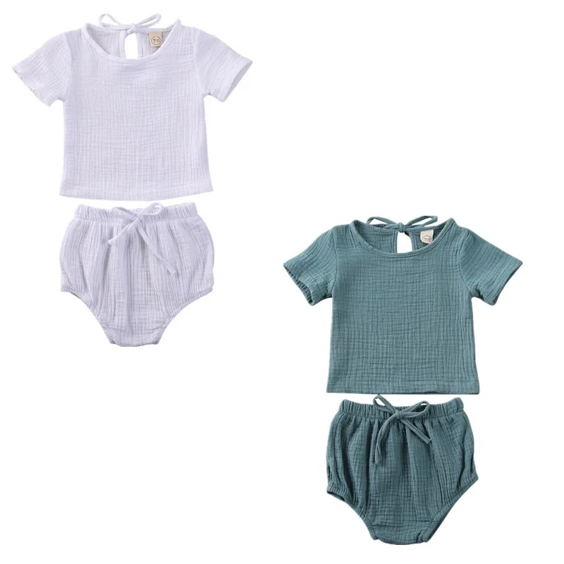 2Pcs 3-24M Infant Cotton Linen Clothing Short Sleeve Tops Shorts PP Pants Solid Set Kid Baby Boy Girl Clothes Summer Outfit | Детская