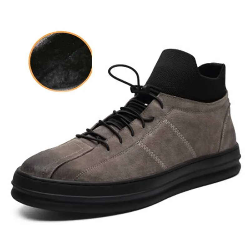 Gray plus velvet ISOOJOG, модные кожаные мужские повседневные туфли на плоской подошве, большие размеры 38-44 водонепроницаемые модельные мужские туфли-оксфорды с эластичным ремешком для работы - Цвет: Gray plus velvet